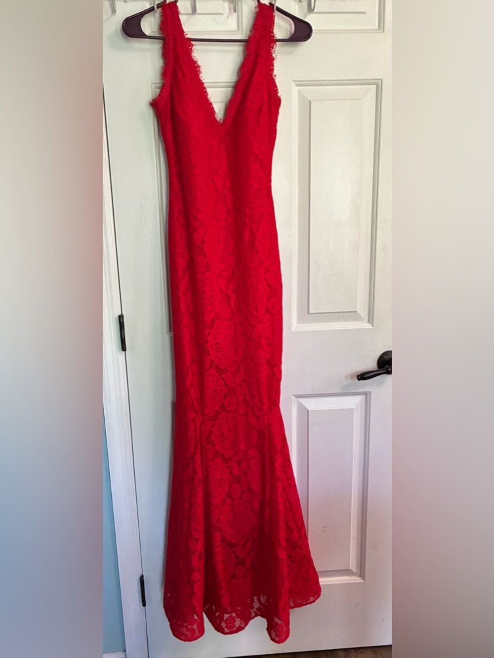 Betsy & Adam Red Lace V-Neck Prom / Formal Gown